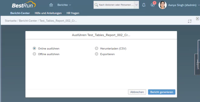 Tabellen-Bericht - Ausführen und Exportieren